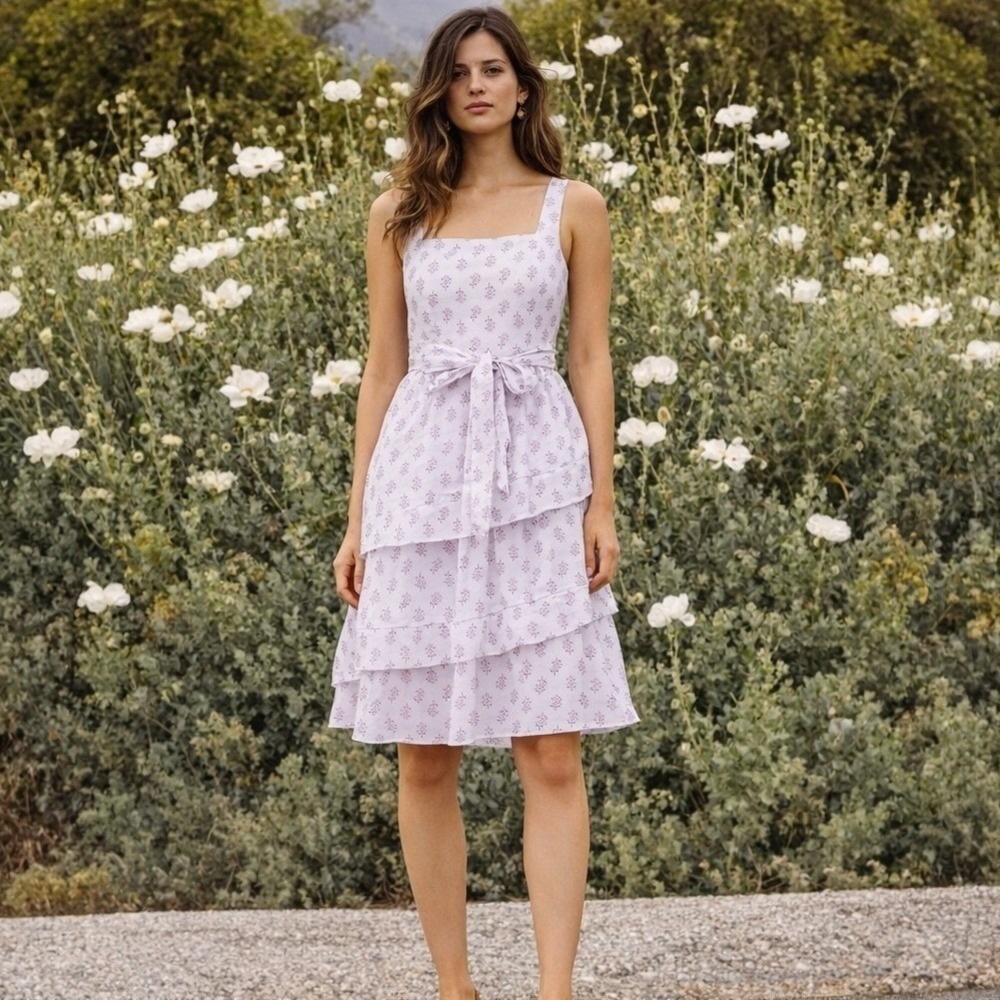 J. Crew Block Print Boho Ruffle Tiered Dress‎ Floral White Cotton Midi Size 10 - Picture 2 of 9